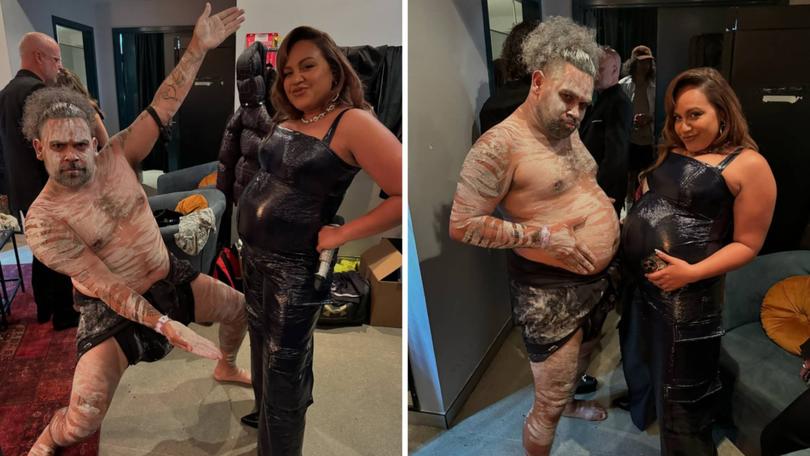 Jessica Mauboy and friend Isaac Compton backstage at the Aria Awards. 