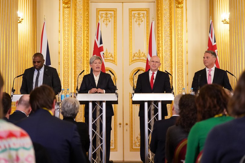 UK Foreign Secretary David Lammy, Australian Minister for Foreign Affairs Senator Penny Wong, Defence Secretary John Healey and Australian Deputy Prime Minister and Minister for Defence Richard Marles during a press conference after a Australia-UK Ministerial Consultations (AUKMIN) meeting.