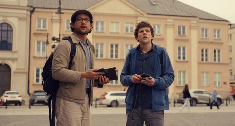 Jesse Eisenberg with Will Sharpe in a scene from the film.