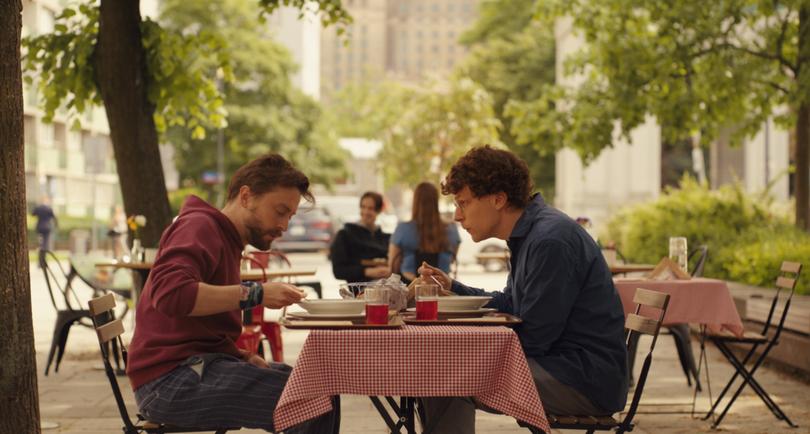 Jesse Eisenberg in a scene with Kieran Culkin.