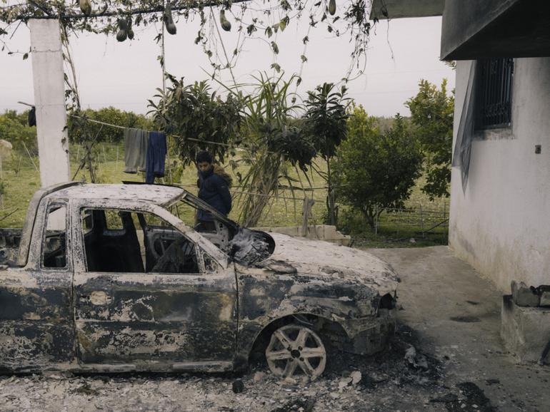 A view of al-Hakeem village on Monday after four houses were burned in a retaliatory attack. Most of the inhabitants have now left the village. (MUST CREDIT: Lorenzo Tugnoli for The Washington Post)