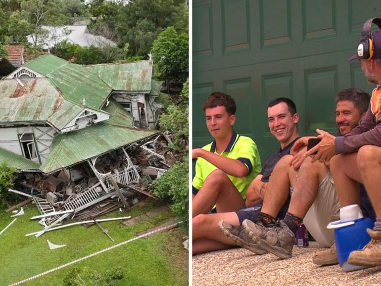 Tradesmen have rushed to the aide of an elderly woman, injured in a house collapse in Brisbane’s inner west.