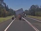 The moment a caravan’s wheels came off and narrowly missed the car behind it was captured on its dash camera.