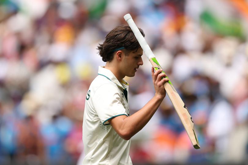 MELBOURNE, AUSTRALIA - DECEMBER 26: Sam Konstas of Australia acknowledges the crowd after being dismissed by Ravindra Jadeja of India during day one of the Men's Fourth Test Match in the series between Australia and India at Melbourne Cricket Ground on December 26, 2024 in Melbourne, Australia. (Photo by Robert Cianflone/Getty Images)