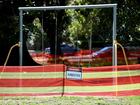 Children’s playground equipment and picnic areas are seen fenced off at Bicentennial Park, in Sydney.