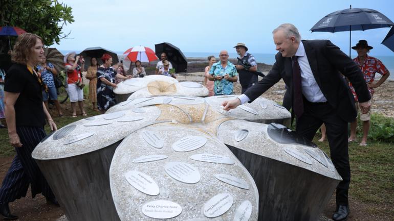 Anthony Albanese with a memorial at the area Cyclone Tracy first made landfall 50 years ago. 