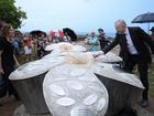 Anthony Albanese with a memorial at the area Cyclone Tracy first made landfall 50 years ago. 