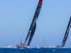 LawConnect (r) led the Sydney to Hobart race through the Sydney Heads, followed by Comanche. (Mark Evans/AAP PHOTOS)