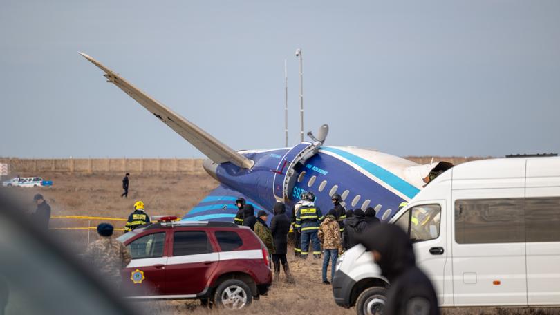 A view of the scene after an Azerbaijan Airlines flight crashed near the Kazakh Caspian city of Aktau on December 25, 2024.