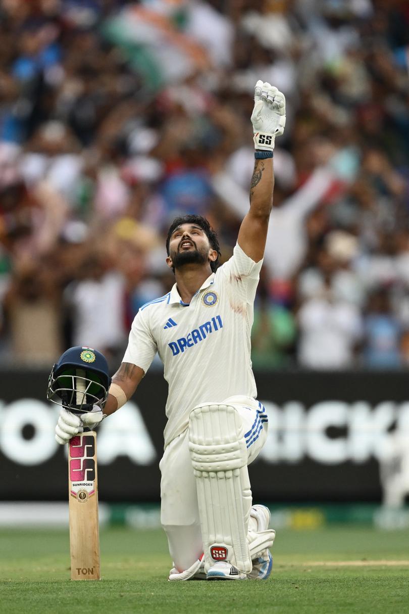 MELBOURNE, AUSTRALIA - DECEMBER 28: Nitish Kumar Reddy of India celebrates his century during day three of the Men's Fourth Test Match in the series between Australia and India at Melbourne Cricket Ground on December 28, 2024 in Melbourne, Australia. (Photo by Quinn Rooney/Getty Images)