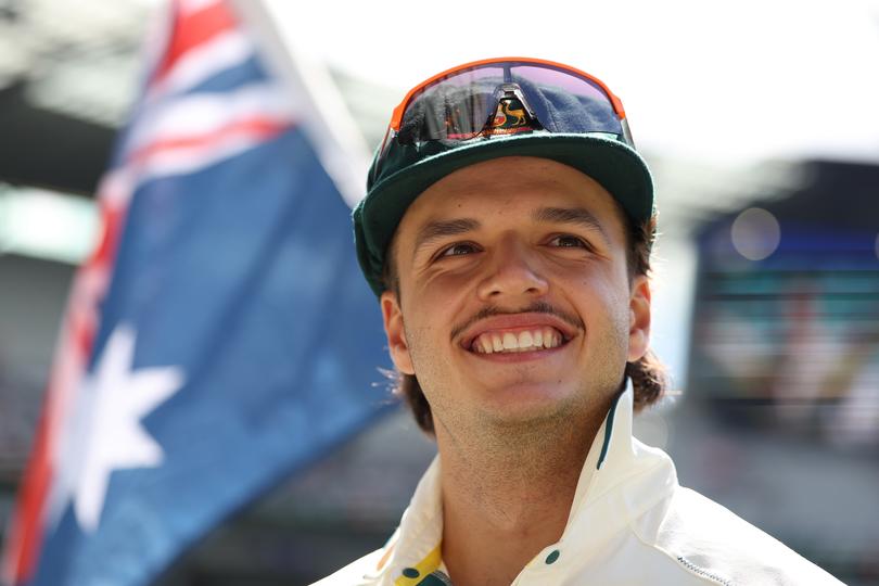 Sam Konstas of Australia smiles prior to taking the field during day three.