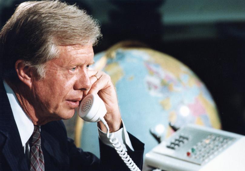 US President Jimmy Carter making a telephone call from the Oval Office at The White House in Washington, DC, USA, 07 August 1980 