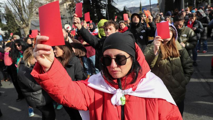 Protesters near the Georgian Parliament building in Tbilisi as Mikheil Kavelashvili inaugurated as President of Georgia.