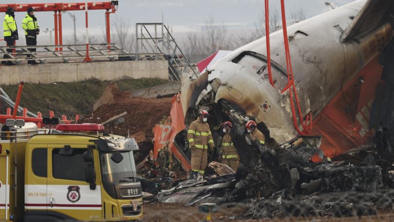 The wreckage of a Jeju Air aircraft that crashed at Muan International Airport killing 179 people. 