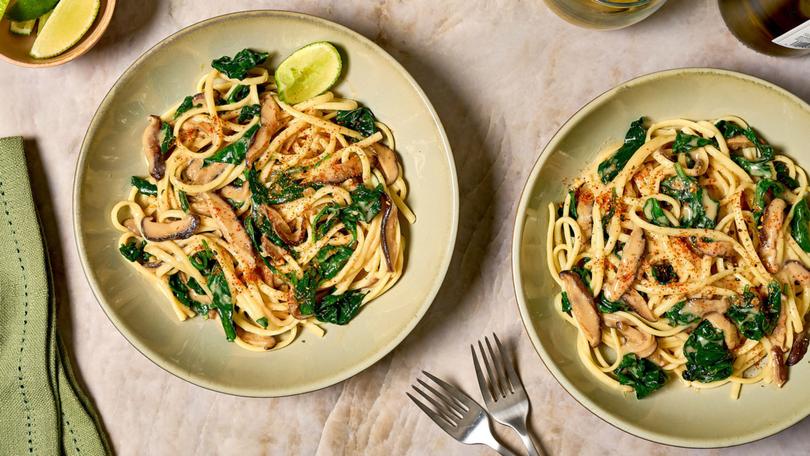 Linguine With miso butter, shiitakes and spinach.