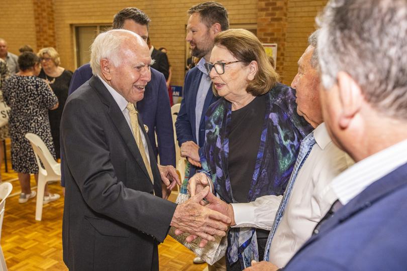 Former Prime Minister John Howard joins Bullwinkel Liberal candidate Matt Moran a a high tea in High Wycombe and meets local residents earlier this year. 