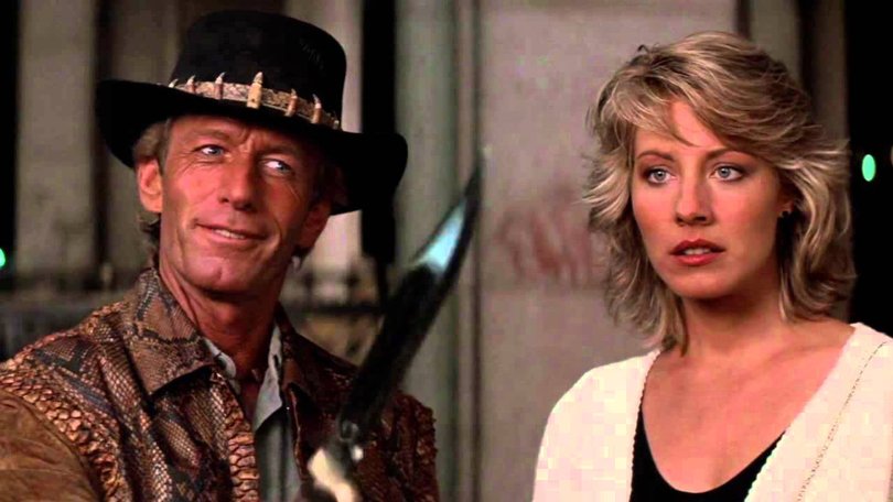 Paul Hogan and Linda Kozlowski in the famous ‘knife’ scene in Crocodile Dundee.