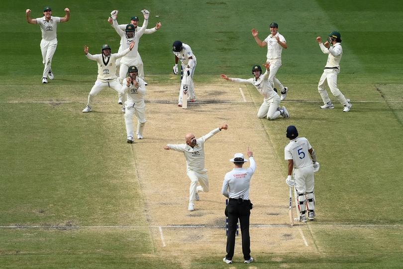 Nathan Lyon celebrates the final wicket of the Fourth Test