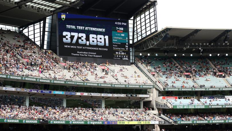  A view of the scoreboard showing total attendance  during day five of the fourth Test.