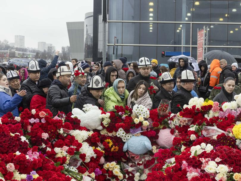 A makeshift memorial outside a Moscow concert hall after a terrorist attack on March 24, 2024.