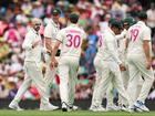 Nathan Lyon celebrates with teammates after dismissing Shubman Gill.