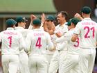 Mitchell Starc of Australia celebrates with teammates after dismissing KL Rahul.