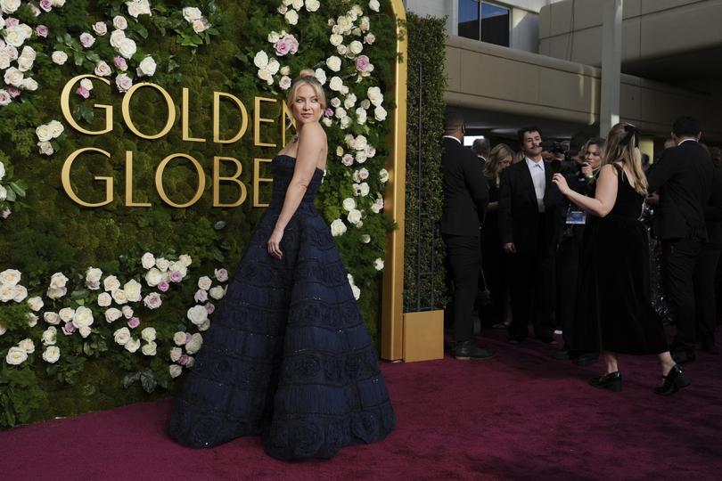 Kate Hudson arrives at the 82nd Golden Globes on Sunday, Jan. 5, 2025, at the Beverly Hilton in Beverly Hills, Calif. (Photo by Jordan Strauss/Invision/AP)