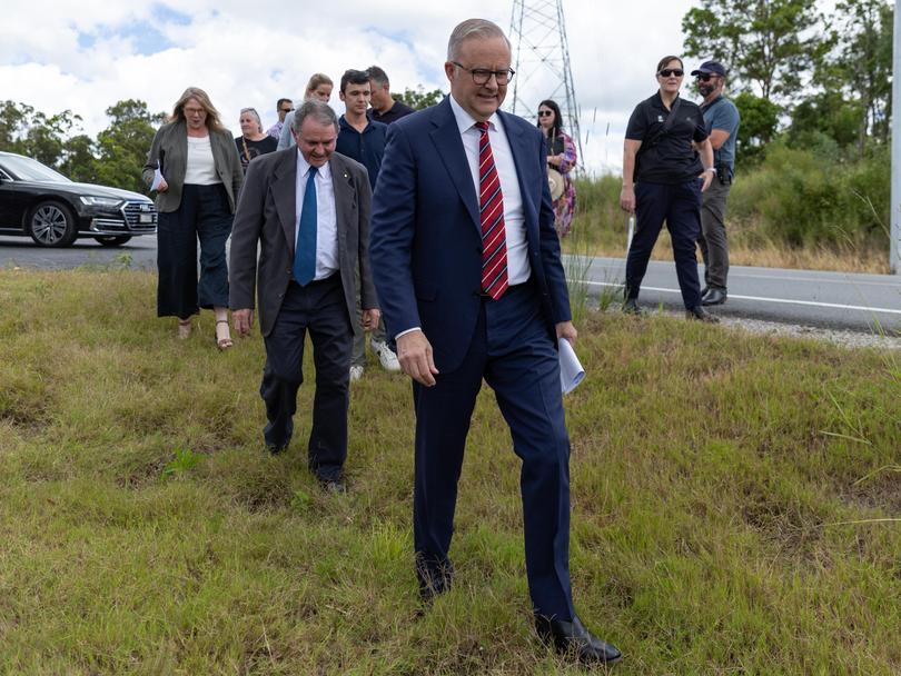 Prime Minister Anthony Albanese is seen arriving at for a media during a doorstop event in the Gympie Region.