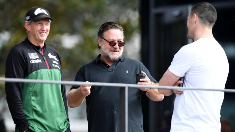 Russell Crowe and Souths coach Wayne Bennett in 2019.