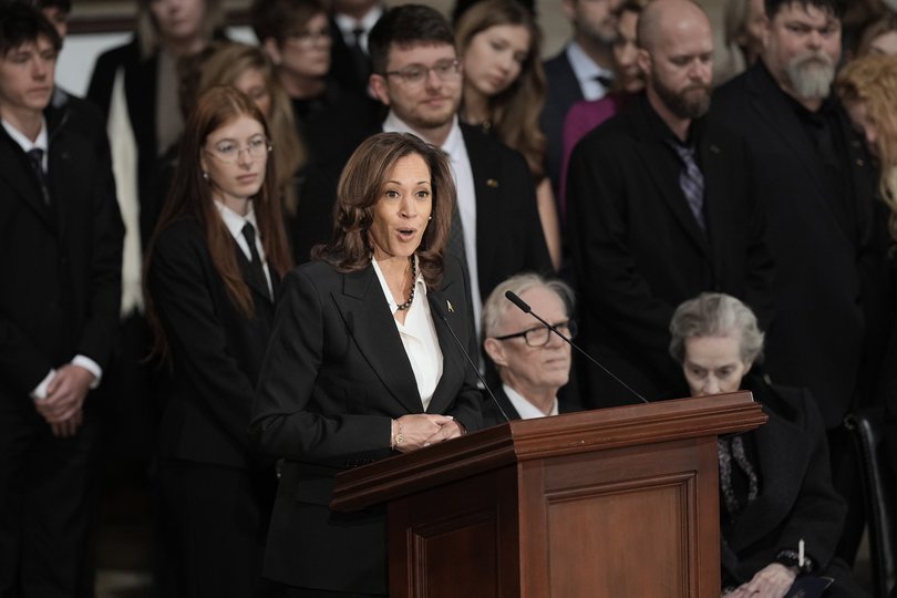 US Vice President Kamala Harris speaks during a ceremony for former President Jimmy Carter as Carter lies in state at the US Capitol in Washington.