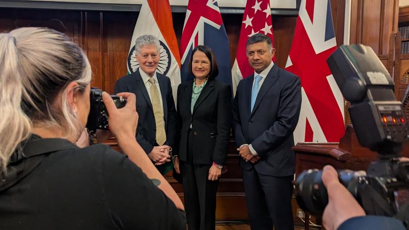 (L-R) Australia’s High Commissioner to the UK Stephen Smith, UK Indo-Pacific Minister Catherine West, Indian High Commissioner to the UK Vikram Doraiswami at India House at the UK’s Indo-Pacific Dialogue in London in December, 2024.