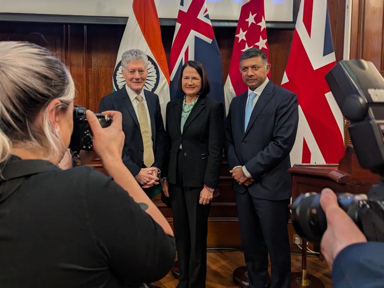 (L-R) Australia’s High Commissioner to the UK Stephen Smith, UK Indo-Pacific Minister Catherine West, Indian High Commissioner to the UK Vikram Doraiswami at India House at the UK’s Indo-Pacific Dialogue in London in December, 2024.