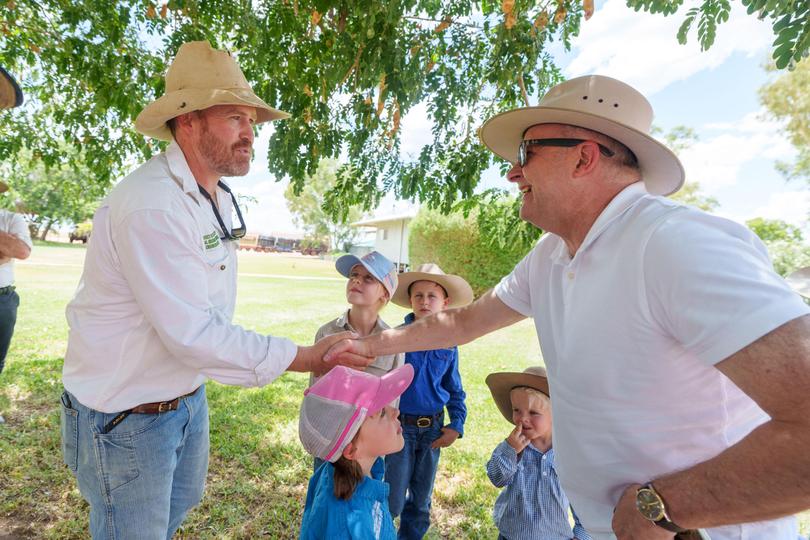 Prime Minister Anthony Albanese at the Lake Nash cattle ranch today.