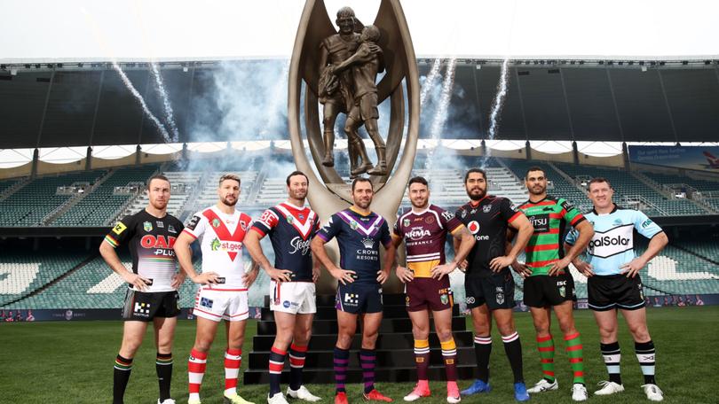 James Maloney, Gareth Widdop, Boyd Cordner, Cameron Smith, Darius Boyd, Tohu Harris , Greg Inglis and Paul Gallen pose during the 2018 NRL Finals Series Launch.