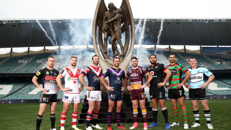 James Maloney, Gareth Widdop, Boyd Cordner, Cameron Smith, Darius Boyd, Tohu Harris , Greg Inglis and Paul Gallen  pose during the 2018 NRL Finals Series Launch.