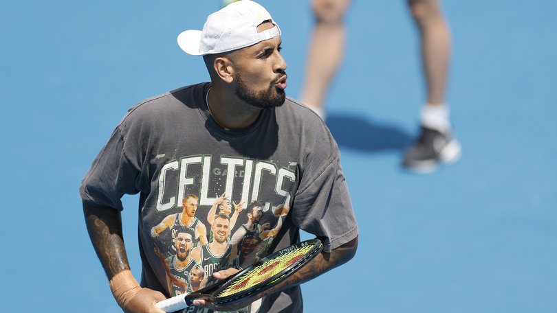 Nick Kyrgios of Australia reacts during a practice session on Thursday.