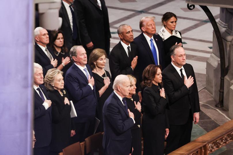 Former Presidents Bill Clinton, George W. Bush, Barack Obama, Donald Trump, and President Joe Biden pay their respects at the State Funeral for former President Jimmy Carter.