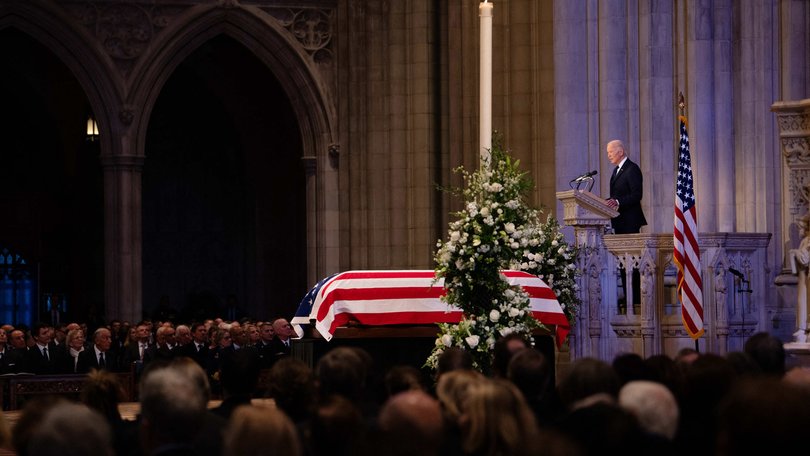 President Joe Biden eulogizes former President Jimmy Carter during his state funeral at Washington National Cathedral in Washington, DC on January 9, 2024. Photo by Erin Schaff/Pool/ABACAPRESS.COM.