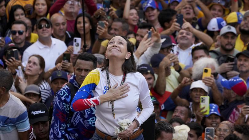 Venezuelan opposition leader Maria Corina Machado addresses supporters at a protest against President Nicolas Maduro in Caracas, Venezuela on Thursday.