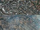 This combination of pictures shows homes in Pacific Palisades, a neighbourhood of Los Angeles, California on October 20, 2024, before the Palisades fire., and (bottom) homes in Pacific Palisades on January 9, 2025, after the Palisades fire. 