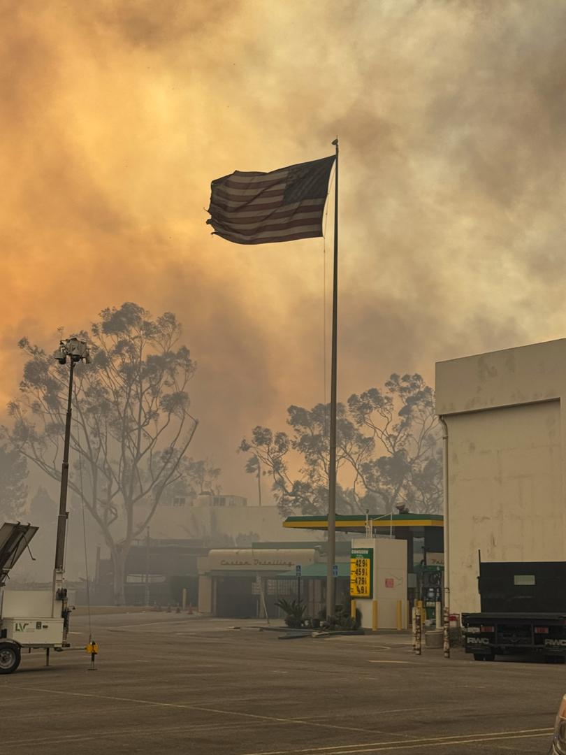 General view of the Sunset Boulevard during the wildfires on January 08, 2025 in Los Angeles, California.  