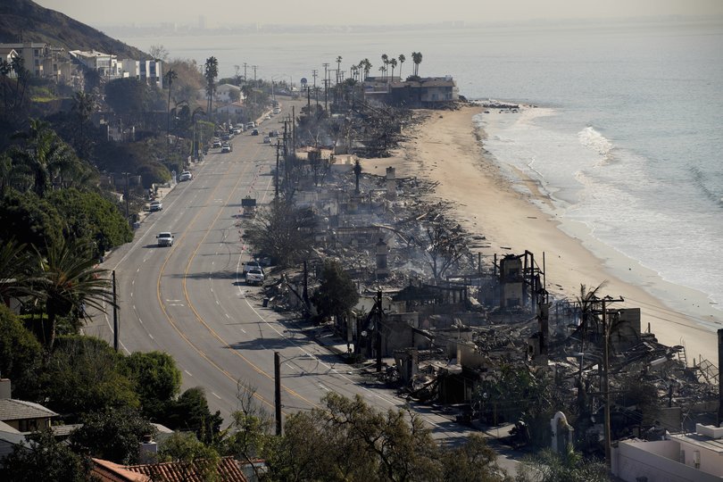 Beachfront properties are left smoldering in the aftermath of the Palisades Fire on Friday, Jan. 10, 2025, in Malibu, California.