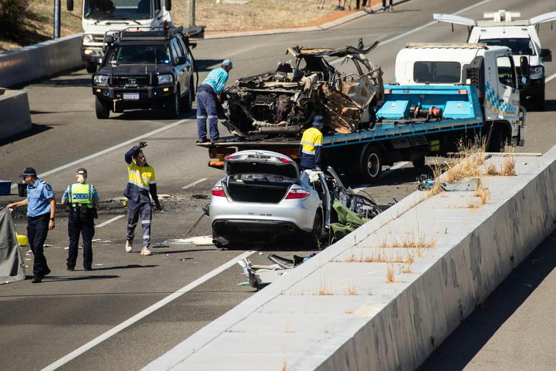 The scene of a serious crash on Leech Hwy this morning. The crash occured just south of Abernethy Rd. 