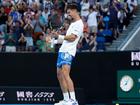 Thanasi Kokkinakis celebrates after a remarkable victory. 