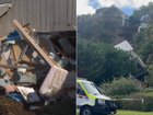 A house tilts sideways on the slope as a landslide struck Victoria’s McCrae.
