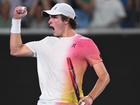 Brazilian teenager Joao Fonseca roars during his boilover victory against No.9 seed Andrey Rublev. (Lukas Coch/AAP PHOTOS)