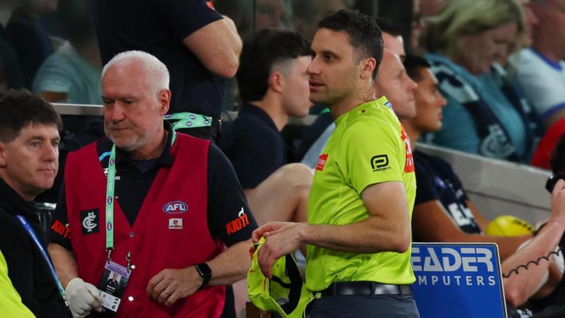 A Blues fan has received a lifetime ban for throwing a bottle at goal umpire Steven Piperno. (Morgan Hancock/AAP PHOTOS)