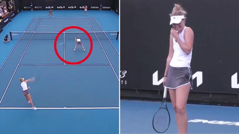 Gaby Dabrowski accidentally fired her serve into partner Erin Routliffe.