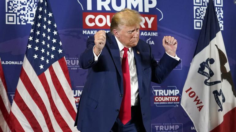 Former President Donald Trump dances after speaking at a campaign rally at Terrace View Event Center in Sioux Center, Iowa, Friday, Jan. 5, 2024. (AP Photo/Andrew Harnik)