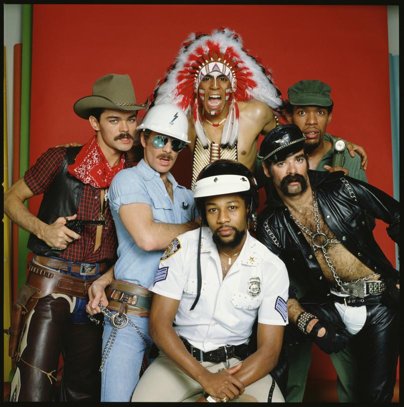 The original members of the American disco group The Village People, from left to right: Randy Jones (the cowboy); David Hodo (the construction worker); Felipe Rose (the American Indian); Victor Willis (the cop); Glenn Hughes (the leatherman) and Alexander Briley (the G.I.).